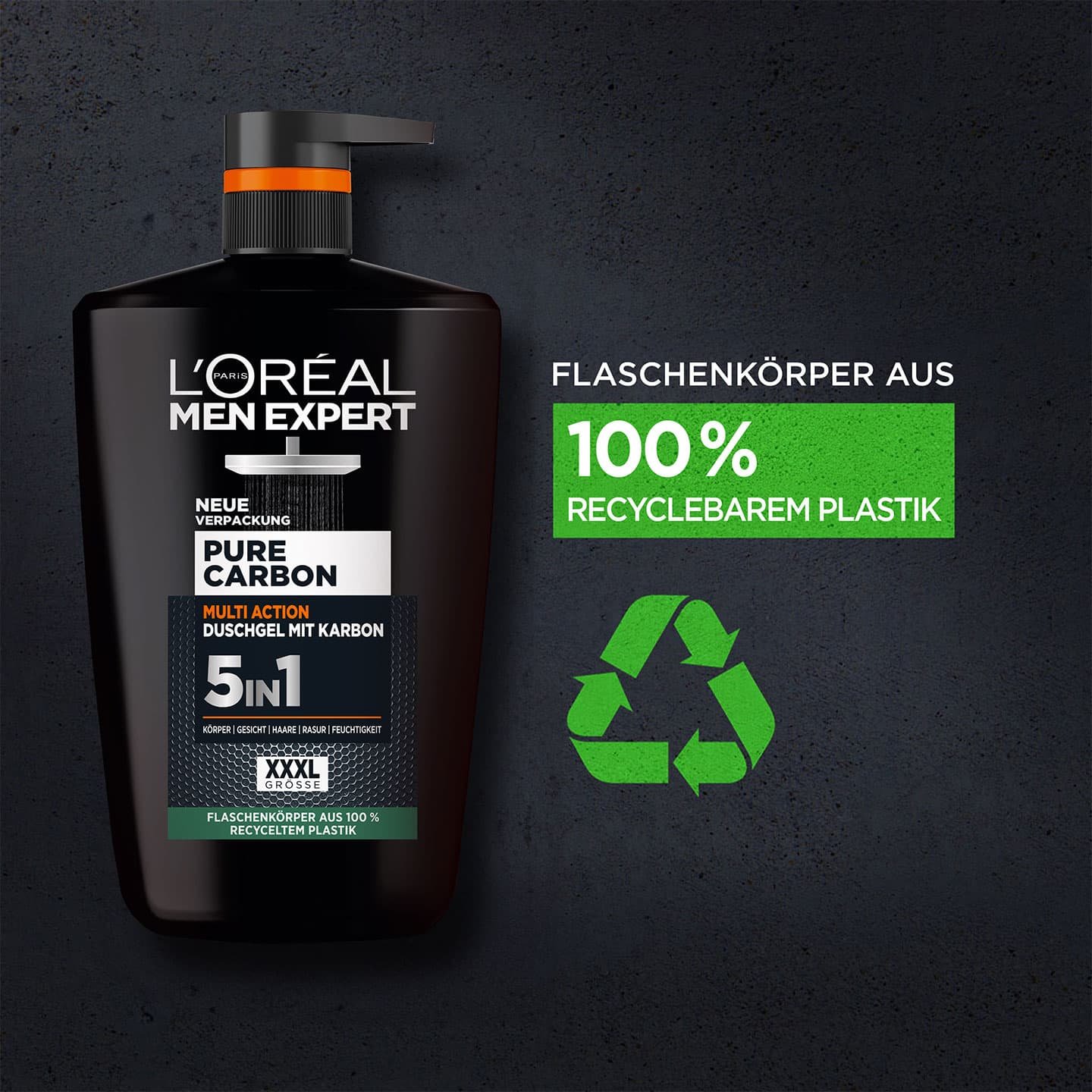 Produktabbildung, daneben Text: Flaschenkörper aus 100% recyceltem Plastik
